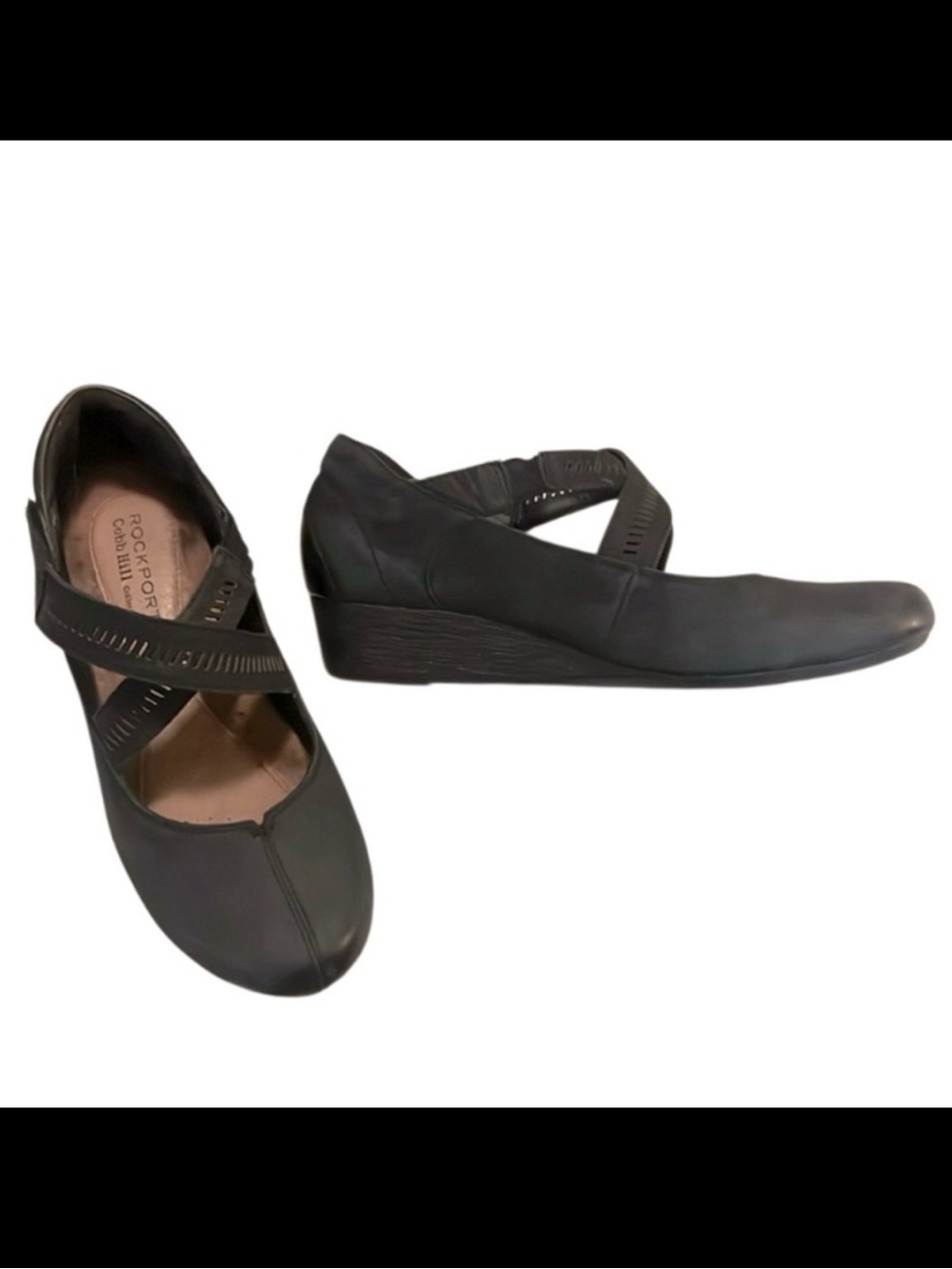 Rockport Cobb Hill Woman’s Black Wedge Perforated Criss Cross Maryjane Shoes 7.5
